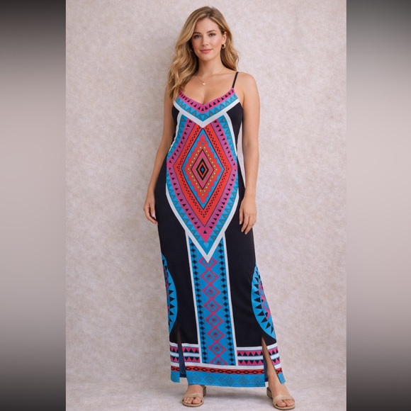 Dresses & Skirts - Spaghetti-Strap Maxi Dress in Pink and Blue Geometric Print